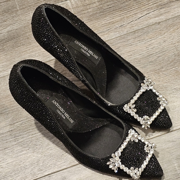 Antonio Melani Collection The Vega Ornamenal Crystal Black Heels Pumps 7M - Picture 2 of 10
